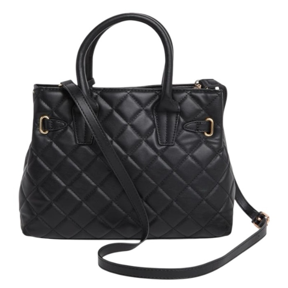 Badgley Mischka Black Diamond Quilted Satchel Gold Hardware Detail Crossbody - Picture 8 of 11